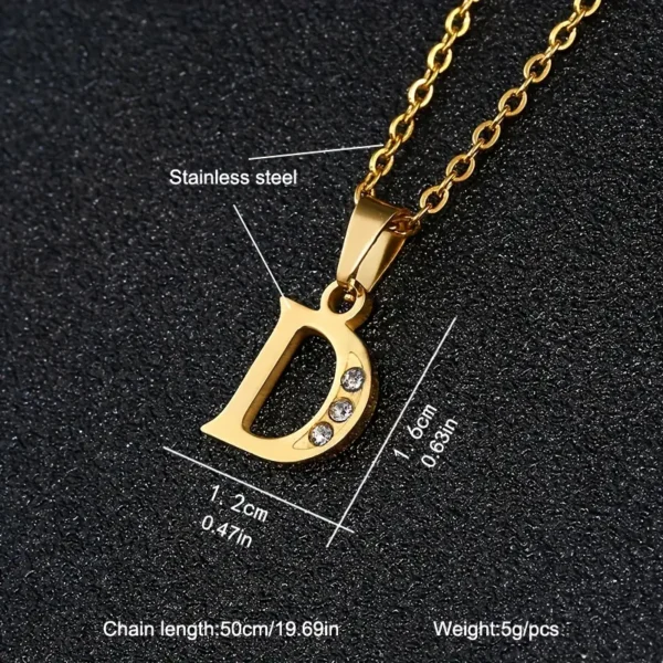 The Stainless Steel Letter Necklace showcases a gold chain that is 50 cm (19.69 inches) long, complemented by a dazzling pendant shaped like the letter "D" and adorned with three small diamonds. The pendant measures 1.2 cm in width and 1.0 cm in height, with the overall necklace weighing only 5 grams.