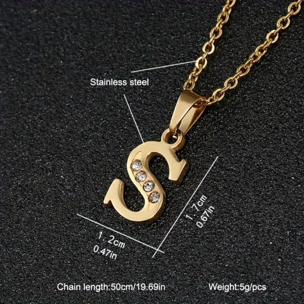 The Stainless Steel Letter Necklace features a gold-colored pendant shaped like the letter "S," adorned with five sparkling rhinestones. The pendant measures 1.2 cm in width and 1.7 cm in height, weighing 5 grams. With a chain length of 50 cm (19.69 inches), it makes for a delicate and eye-catching accessory.