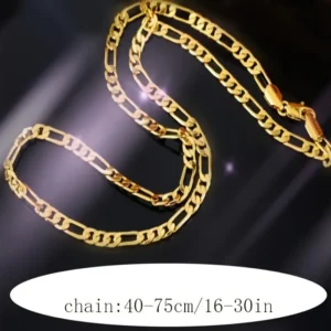 A Gold-Plated 4mm Flat Chain Necklace – Adjustable 16-30in, Sleek & Versatile Jewelry for Women is displayed against a dark background with a white oval shape at the bottom. The text inside the oval reads, "chain: 40-75cm / 16-30in." The chain features uniformly connected rectangular links.