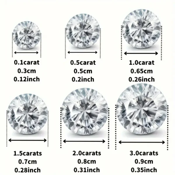 A diagram showcasing six Brilliant Round Cut Moissanite Earrings of varying sizes, ideal for stud earrings, including their carat weights and diameters in both centimeters and inches. The sizes range from 0.1 carat (0.3 cm, 0.12 inch) to 3.0 carats (0.9 cm, 0.35 inch), arranged in ascending order from top to bottom and left to right.