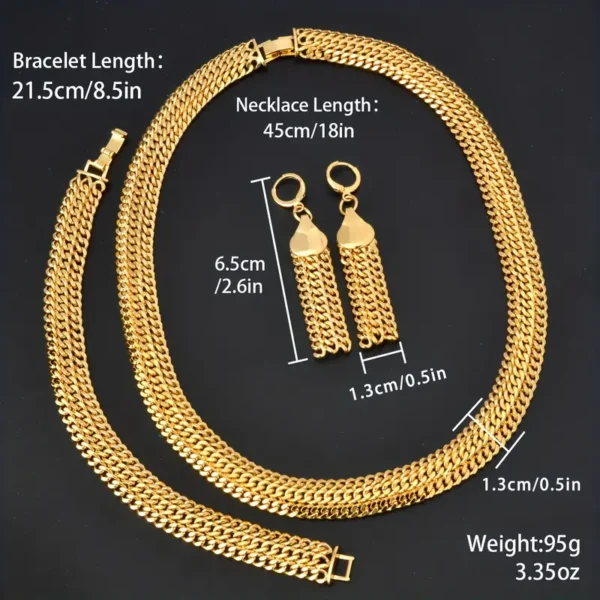 Image showing the Hip Hop Miami Cuban Necklace and Bangle Earrings Set in gold, featuring a 45 cm/18 in necklace, a 21.5 cm/8.5 in bracelet, and 6.5 cm/2.6 in earrings. The unisex fashion jewelry items are displayed on a black background with measurements in white text.