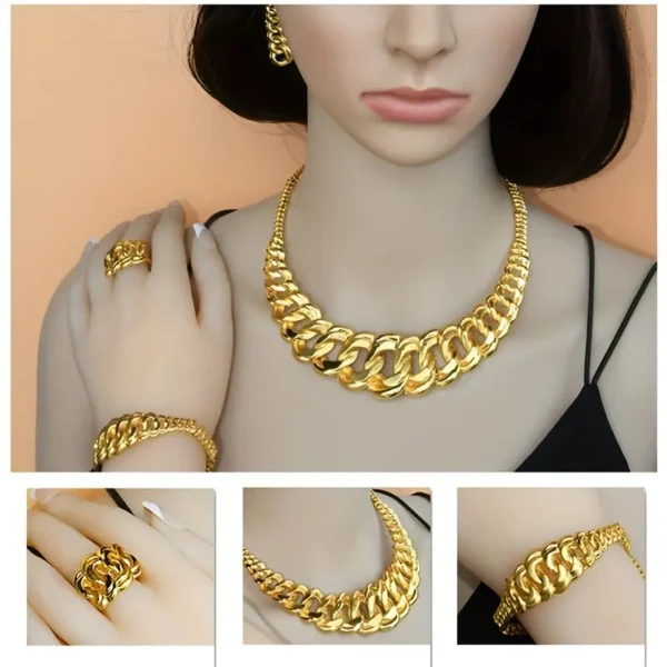 A woman showcases the Chunky Gold Necklace Jewelry Set: Bridal, Wedding, & Party Glam, which includes a chunky gold necklace, a matching bracelet, and a ring. She is dressed in a black top with one hand resting on her shoulder. Close-up shots of the ring, necklace, and bracelet from the set are shown below the main image.