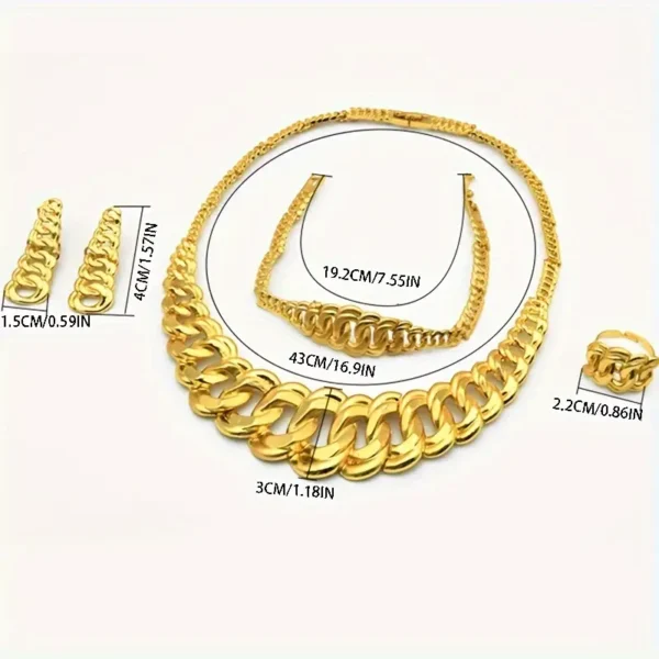 Image featuring the "Chunky Gold Necklace Jewelry Set: Bridal, Wedding, & Party Glam," comprising a pair of earrings, a bracelet, and a ring. Highlighted by a chunky gold necklace measuring 3 cm in width and 43 cm in length. Dimensions are labeled in centimeters and inches with the other pieces varying in size accordingly.