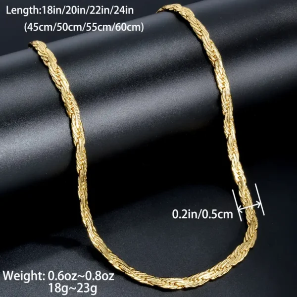 The Golden Chain 0.2inch Wide Long Geometric Necklace, styled as a hip-hop punk chain accessory, is displayed against a black background. The image provides details on available lengths (18in, 20in, 22in, and 24in) and weights (0.6oz to 0.8oz), with a chain width of 0.2in (0.5cm).