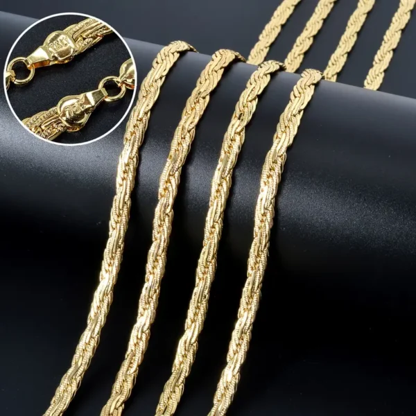 Four Golden Chain 0.2inch Wide Long Geometric Necklaces laid out in parallel on a black surface. The necklaces feature intricate, twisted designs. An inset shows a close-up of the clasp, highlighting its detailed component. The overall appearance is luxurious and elegant, making it an ideal dainty gold necklace gift.