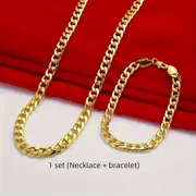 Displayed on a rich red fabric background is the stunning Golden Duo: His & Hers Necklace and Bracelet Set. This golden-plated jewelry set features a gold necklace and matching bracelet, each with a flat, interlocking design. Below the women's fashion jewelry, the text reads "1 set (Necklace + bracelet).