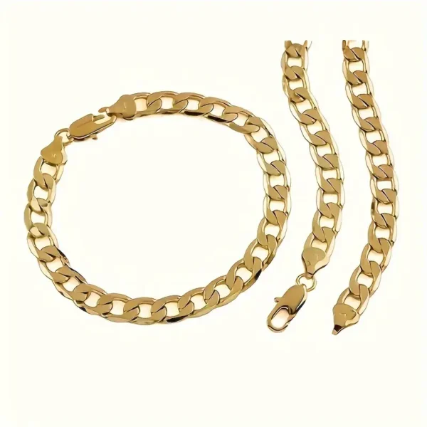 Introducing the **Golden Duo: His & Hers Necklace and Bracelet Set**, featuring an elegant golden-plated thick chain bracelet paired with a matching necklace. Both pieces boast oversized links and secure clasp mechanisms. The bracelet is designed in a circular shape, while the necklace is presented laid out in a straight line, making them perfect additions to any women's fashion jewelry collection.