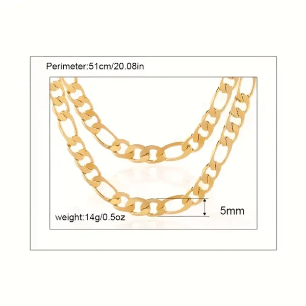 The Golden Statement: Men's Chain Necklace features a perimeter of 51 cm (20.08 inches) and weighs 14 grams (0.5 oz). With chain links measuring 5 mm in width, it makes a stylish addition to any man's wardrobe.