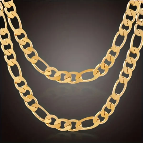 Close-up image of the Golden Statement: Men's Chain Necklace featuring a classic curb link design, displayed against a dark, gradient background. This stylish men's gold chain necklace is shown in two layers, accentuating its polished, shiny finish.