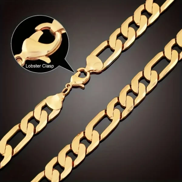 Close-up image of the Golden Statement: Men's Chain Necklace featuring a stylish design with a lobster clasp. The gold chain showcases interlocking elongated oval links, and an inset detail highlights the "Lobster Clasp" mechanism on a dark gradient background.