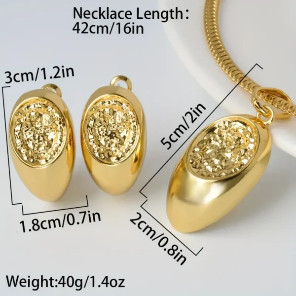 a gold necklace and earrings