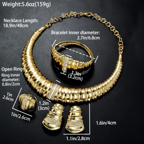 a gold necklace and earrings with measurements